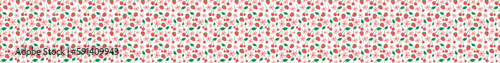 Summer horizontal seamless border with berries and flowers. Vector in doodle style. Repeating horizontal pattern colorful cute healthy strawberry cherry background for fabric trim, footer, banner.