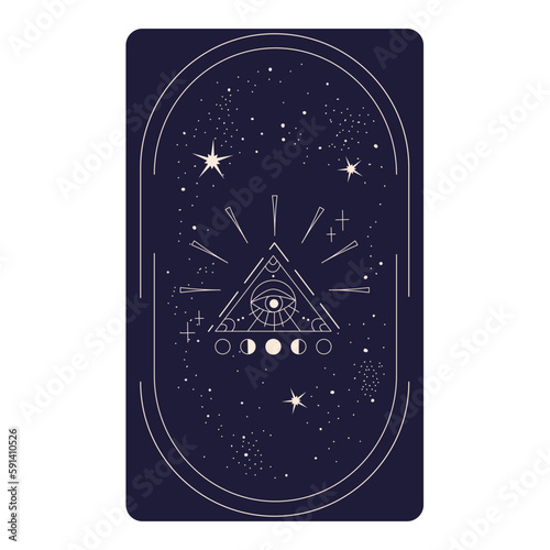Tarot card with mystic eye pyramid in frame isolated. Boho esoteric tarot card with eye and star. Vector illustration. Sacred geometry celestial triangle