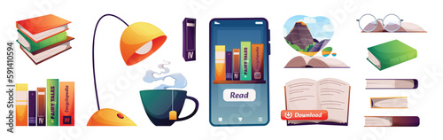 Book reading elements. Library home read and self education elements, mobile book reader app, stack of books with desk lamp and cup of tea. Vector cartoon set. Elements for studying