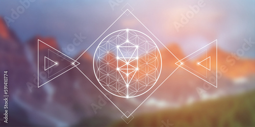 Flower of life. Tree of life. Sacred geometry spiritual new age futuristic illustration with transmutation interlocking circles, triangles and glowing particles