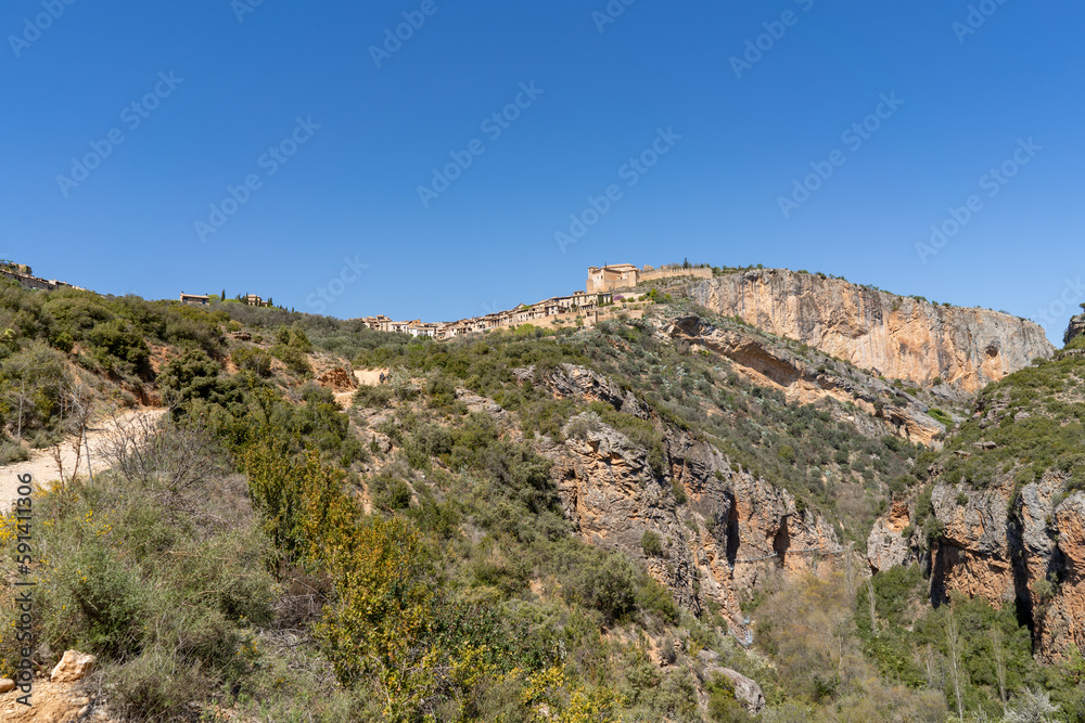 Panoramic view of the town of Alquezar where the hanging footbridges over the Vero river are located.