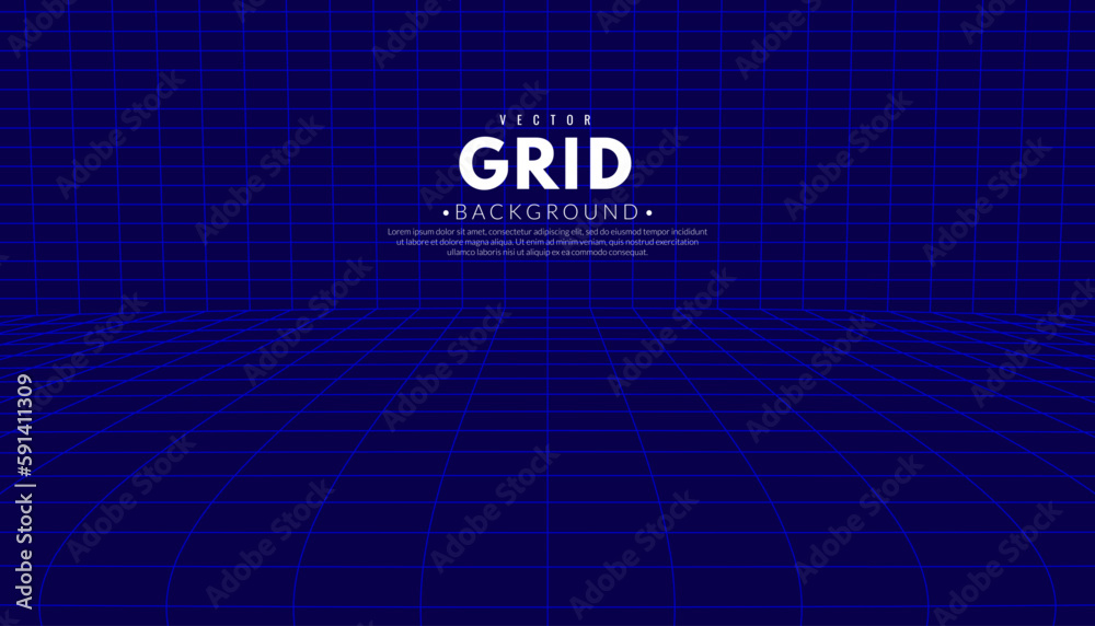 Obraz premium Abstract curved perspective grid on blue background. 3d wireframe room concept. Graphic vector flat design style.