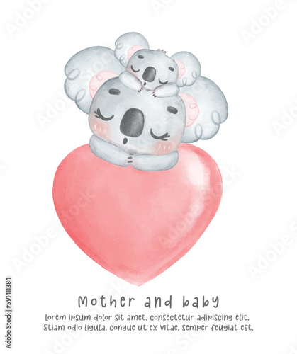 Adorable happy sleeping Koala baby and mother head hanging on red heart, Happy mother's day whimsical nursery watercolour animal cartoon hand painting.