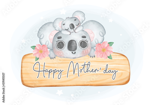 Adorable Australia Koala mother and baby cuddle on wooden sign board, Happy mother's day whimsical nursery watercolour animal cartoon hand painting