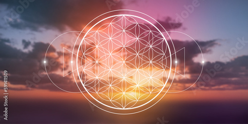 Flower of life. Tree of life. Sacred geometry spiritual new age futuristic illustration with transmutation interlocking circles, triangles and glowing particles