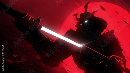 A sinister samurai in a helmet slowly pulls out his shiny katana against the bright blood-red sun, particles of ink and blood fly around him, his eyes glow ominously.  clean looped 2d animated art