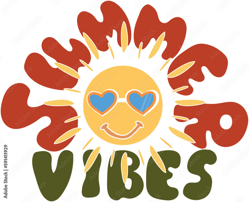 Fototapeta premium Summer vibes poster in groovy style 70s. .Psychedelic groovy lettering for t-shirt, banner, web and print. Retro poster. Stock vector illustration. Retro 70s. . Vector illustration