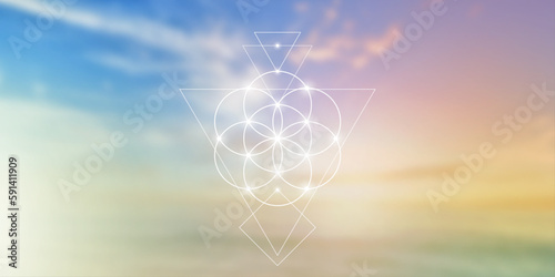 Flower of life. Tree of life. Sacred geometry spiritual new age futuristic illustration with transmutation interlocking circles, triangles and glowing particles