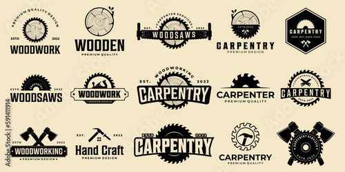 Fototapeta Naklejka Na Ścianę i Meble -  Set of vintage carpentry vector logo design illustration,wood works label