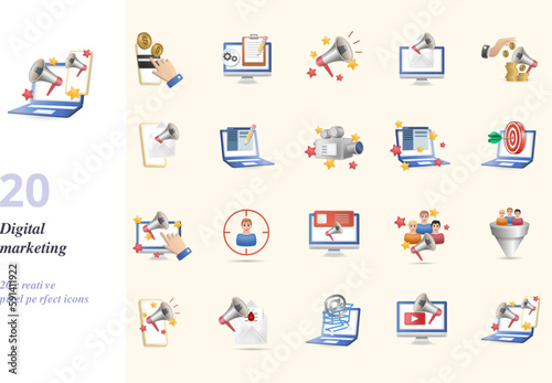 Digital marketing set. Creative icons: pay per click, blog management, advertising, e-mail marketing, sponsored ad, sms marketing, article writing, live event, website, target, direct marketing, focus