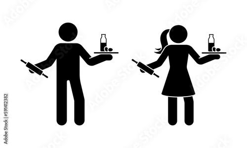 Stick figure man and woman standing with rolling pin, milk and eggs vector set. Stickman person preparing to bake a cake icon sign pictogram