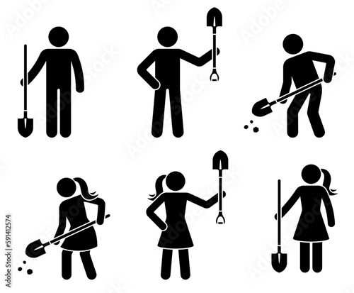 Stick figure man woman standing with shovel vector illustration set. Stickman male female digging ground gardening icon silhouette pictogram