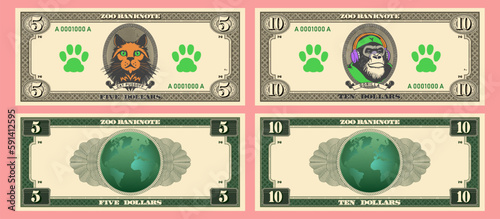 Vector obverse and reverse of zoo banknotes in denominations of 5 and 10 dollars. Portrait in an oval of a cat and a gorilla. Animal paw print and planet earth.
