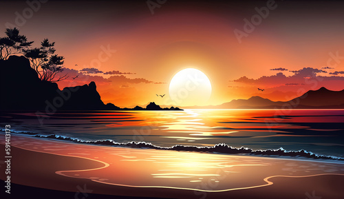 Beachside Sunset  A Beautiful Sunset Scene with a Calm Ocean and a Vibrant Sky. 3d rendering. Generative AI