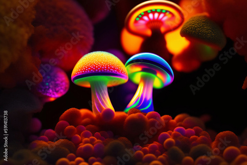 Magic mushrooms. Psychedelic dream vision. Mystical ans colorful hallucination. Generative AI.