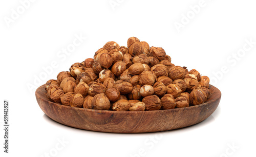 Nut Kernels, Hazelnuts Pile on Plate Isolated, Healthy Organic Nuts Group, Nut Kernels on White © ange1011