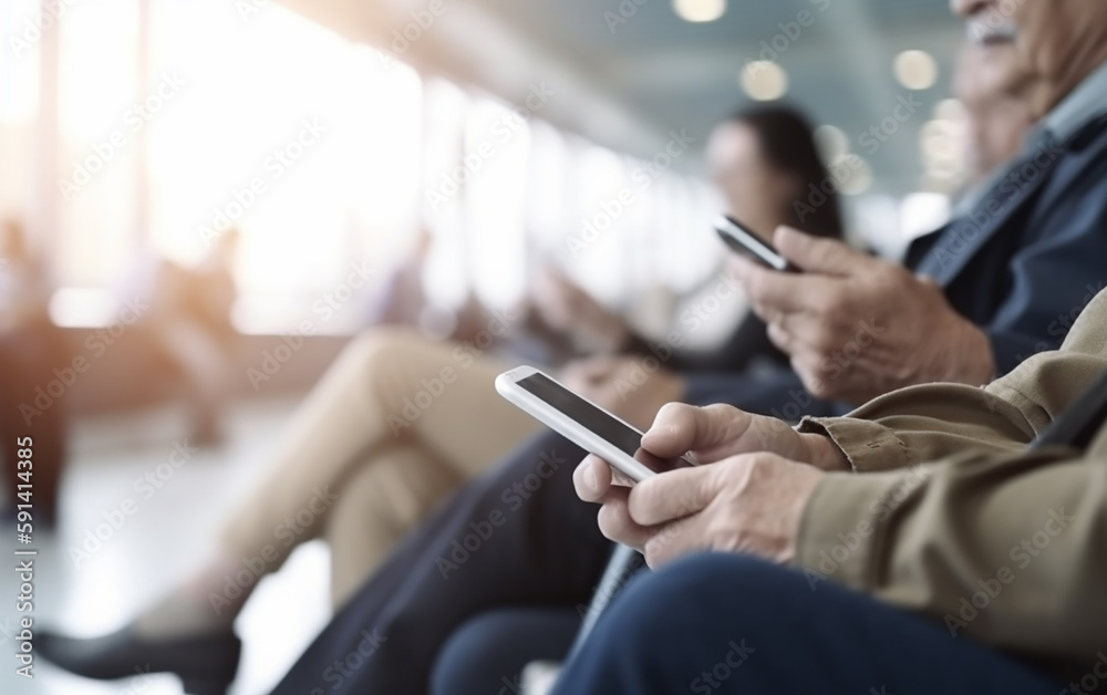 Senior older hands using a smart phone in a seated waiting area like at an airport or train station. Generative AI Senior older hands using a smart phone in a seated waiting area like at an airport or train station. Generative AI