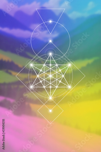 Merkaba. Sacred geometry spiritual new age futuristic illustration with transmutation interlocking circles, triangles and glowing particles