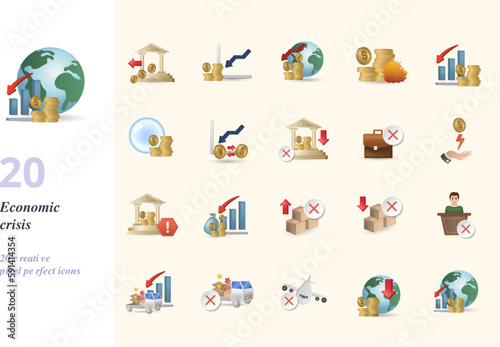 Economic crisis set. Creative icons: bank run, stock market crash, currency crisis, inflation, recession, economic bubble, exchange rate fall, bankruptcy, unemployment, financial crisis, export ban