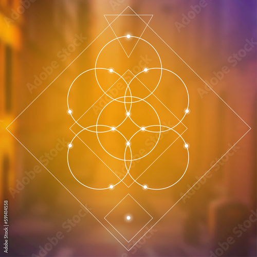 Flower of life. Tree of life. Sacred geometry spiritual new age futuristic illustration with transmutation interlocking circles, triangles and glowing particles