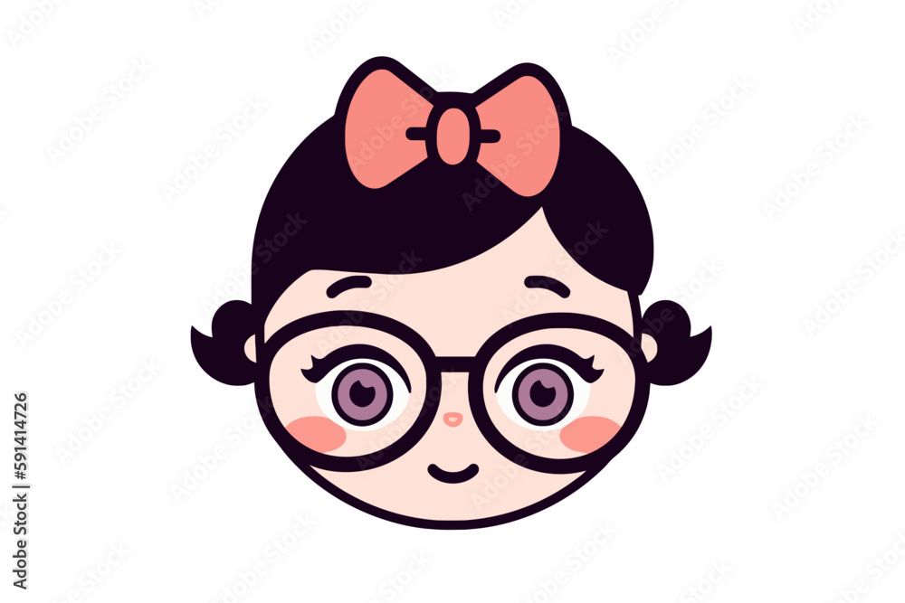 cute little girl logo with glasses and bow on top, simplistic vector art, kawaii art