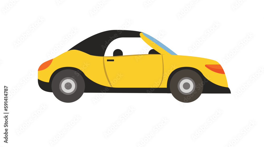 Concept Car. This is a flat, web-style cartoon illustration of a yellow car on a white background. The concept of this illustration is a cute, cheerful car. Vector illustration.