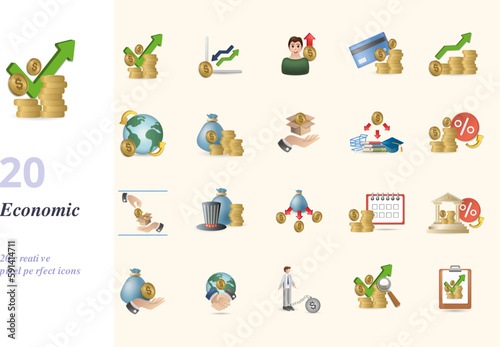 Economic set. Creative icons: financial economic, fluctuation, self investing, payment method, increased profit, global economy, capital, commodity, consumption, interest rate, free trade, capitalism