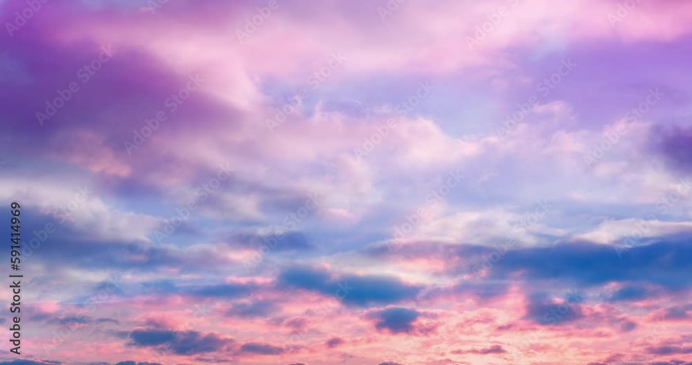 Lovely soft cloudy landscape with swirling and flying clouds at different levels of the sky. Wonders of nature. Natural and calming appearance. Pink, blue, violet pastel watercolors Transparent effect