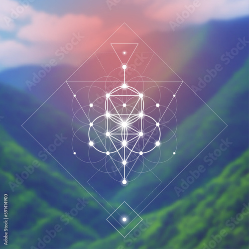 Flower of life. Tree of life. Sacred geometry spiritual new age futuristic illustration with transmutation interlocking circles, triangles and glowing particles
