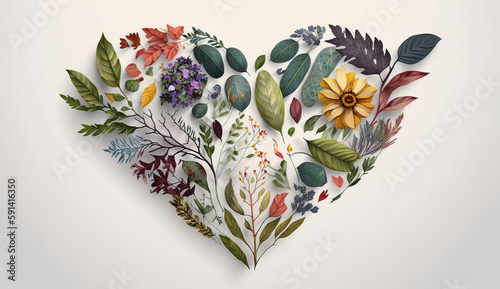 The Shape of a Heart Drawn with a Multitude of Leaves and Colorful Flowers on a white background. Spring Banner. Greeting for Women or Mother's Day. Valentine's Day. Generative AI 
