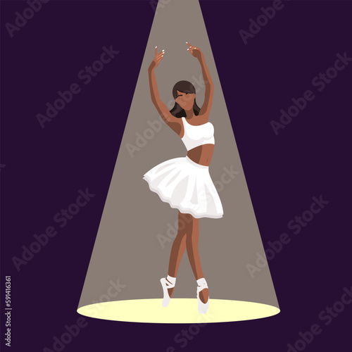 Vector illustration classical ballet. African American ballerina in a white tutu and pointe shoe dances in the spotlight on dark blue background. Beautiful young faceless ballerina in a flat style