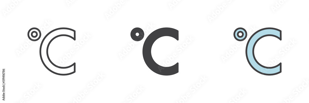 Celsius temperature sign different style icon set Celsius temperature sign different style icon set