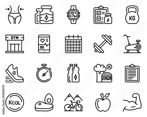 Set of 20 fitness line icons. waist, muscle, schedule, run, slim, award, watch, weight, plan, calendar, gymnastics, running, workout, checklist, gym