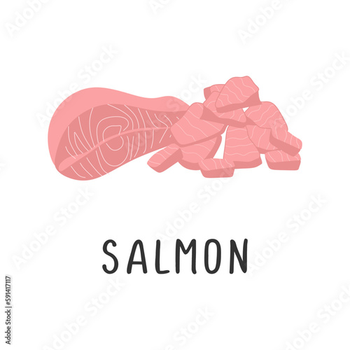 Salmon Vector illustration, flat design cartoon of fatty fish salmon natural product for health and vitamins.