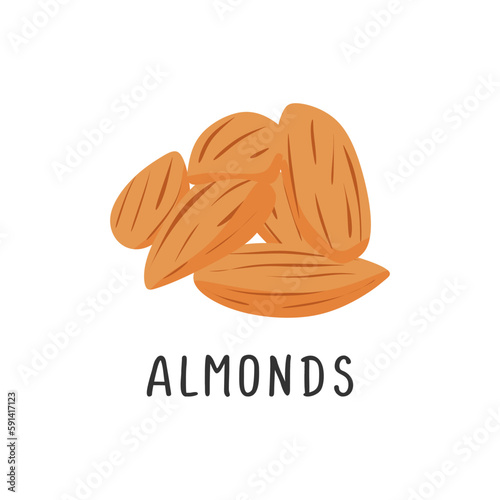 Almonds Vector illustration, flat design cartoon of nutty almonds natural product for health and vitamins.