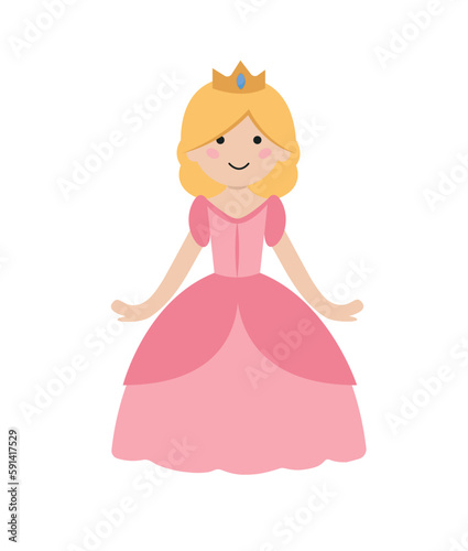 Concept Cartoon medieval fairy tale character princess. This illustration is a flat vector design featuring a character from a fairy tale  a pink princess  on a white background. Vector illustration.
