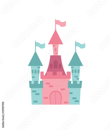 Concept Cartoon medieval fairy tale castle. This illustration is a flat vector design featuring a classic fairy tale setting, a castle, on a white background. Vector illustration.