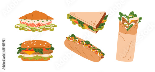 Fast food snacks set. Burger, sandwich, shawarma, hot dog, croissant with meat and vegetable stuffing. Street eating with fillings, sauces. Flat vector illustrations isolated on white background