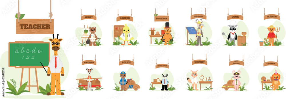 Cute wildlife professions illustrations for kids. Ideal for learning materials, printable, and children's books.Fun and educational animal character illustrations, vector design.