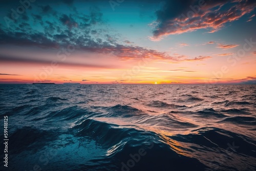 picturesque sunset over the ocean waves. Generative AI