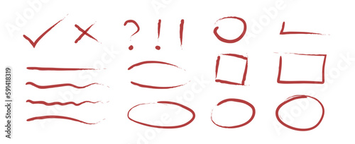 Red, Burgundy Highlighter Set. Doodle scribble lines, waves, curves, cross, check, dotted. Dry ink, painted highlight underline strokes. Hand drawn round, cicle and square frames (Full Vector)