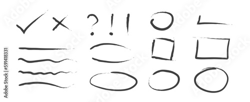 Black Highlighter Set. Doodle scribble lines, waves, curves, cross, check, dotted. Dry ink, painted highlight underline strokes. Hand drawn round, cicle and square frames (Full Vector)