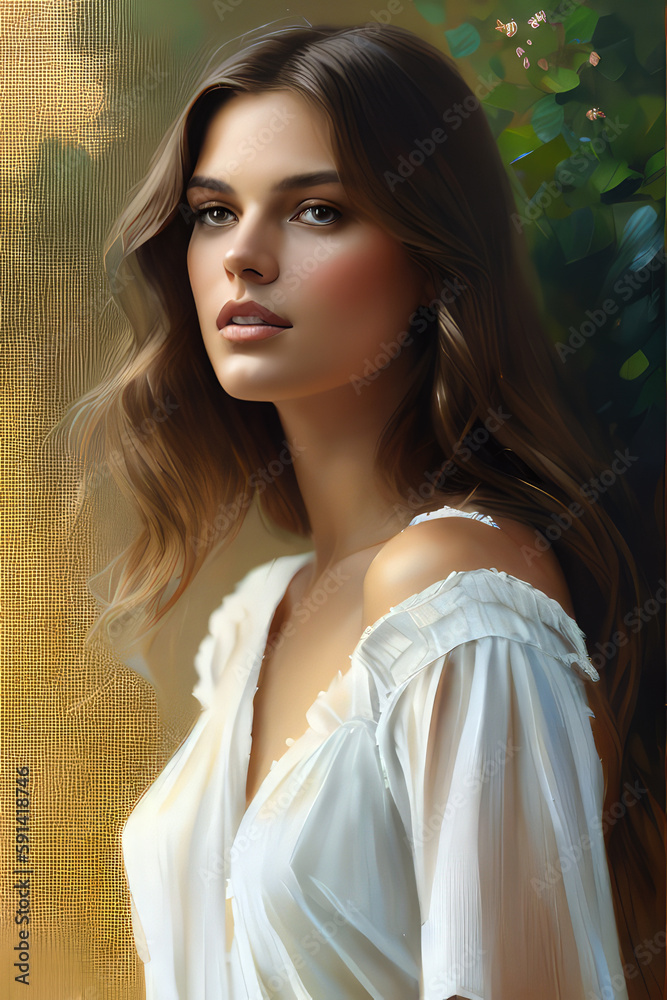 Fototapeta premium A Stunning Portrait of a Young Woman with Striking Features A Raw and Analog- Oil Painting Style Masterpiece, Beauty fashion portrait of beautiful young woman in isolated background, Generative AI