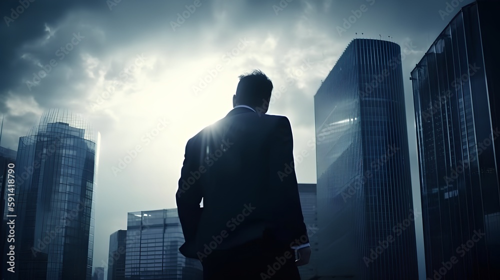 Determined business person standing tall in a urban environment. The back view adds a sense of mystery, highlighting the determination, confidence and ambition in achieving success. Generative AI Determined business person standing tall in a urban environment. The back view adds a sense of mystery, highlighting the determination, confidence and ambition in achieving success. Generative AI
