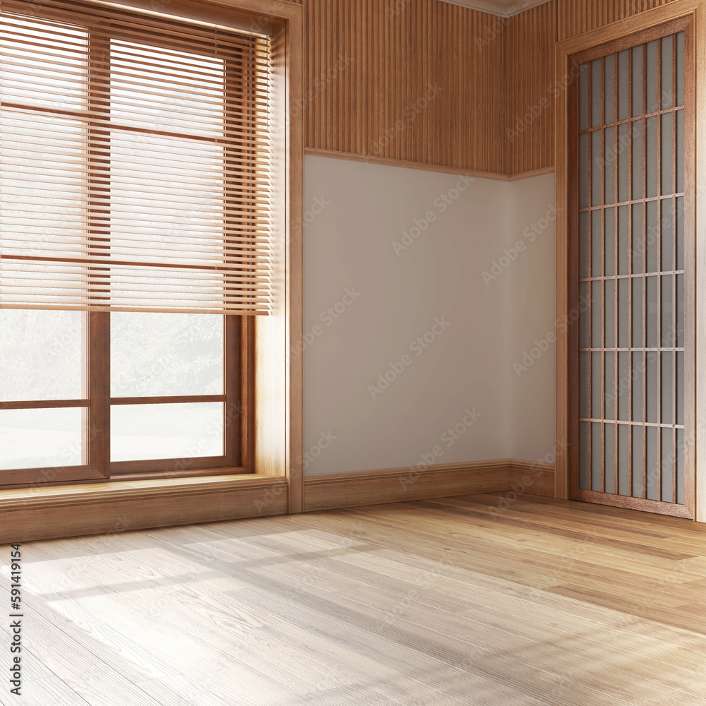 Fototapeta premium Empty room interior design, open space with parquet floor, big window with venetian blinds, wooden and white walls, modern architecture concept idea