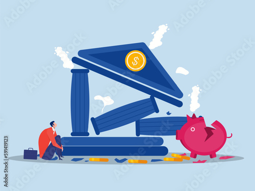 businessman stress or failure with   bankrumptcy financial crisis or bankruptcy problem collapsing bank building vector illiustrator