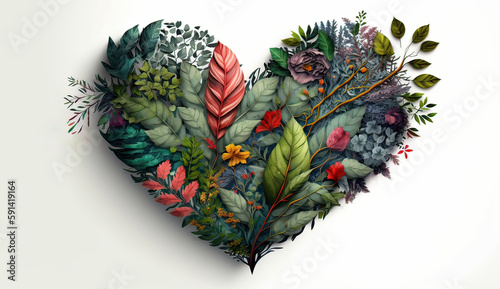 The Shape of a Heart Drawn with a Multitude of Leaves and Colorful Flowers on a white background. Spring Banner. Greeting for Women or Mother's Day. Valentine's Day. Generative AI 