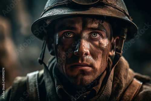portrait of a soldier in helmet at war on battlefield. Generative AI