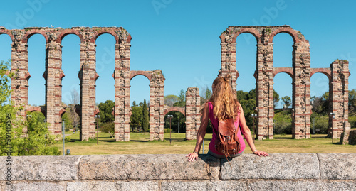 tourism in Extremadura- travel in Spain,  Merida city with aqueduct and tourist photo