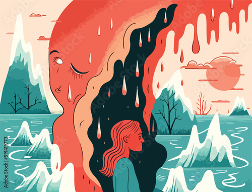 Climate anxiety and crisis. Perfect for illustrating psychological distress and the effect because of natural disasters, forest fires, and global warming issues. Eco concept. Generative AI